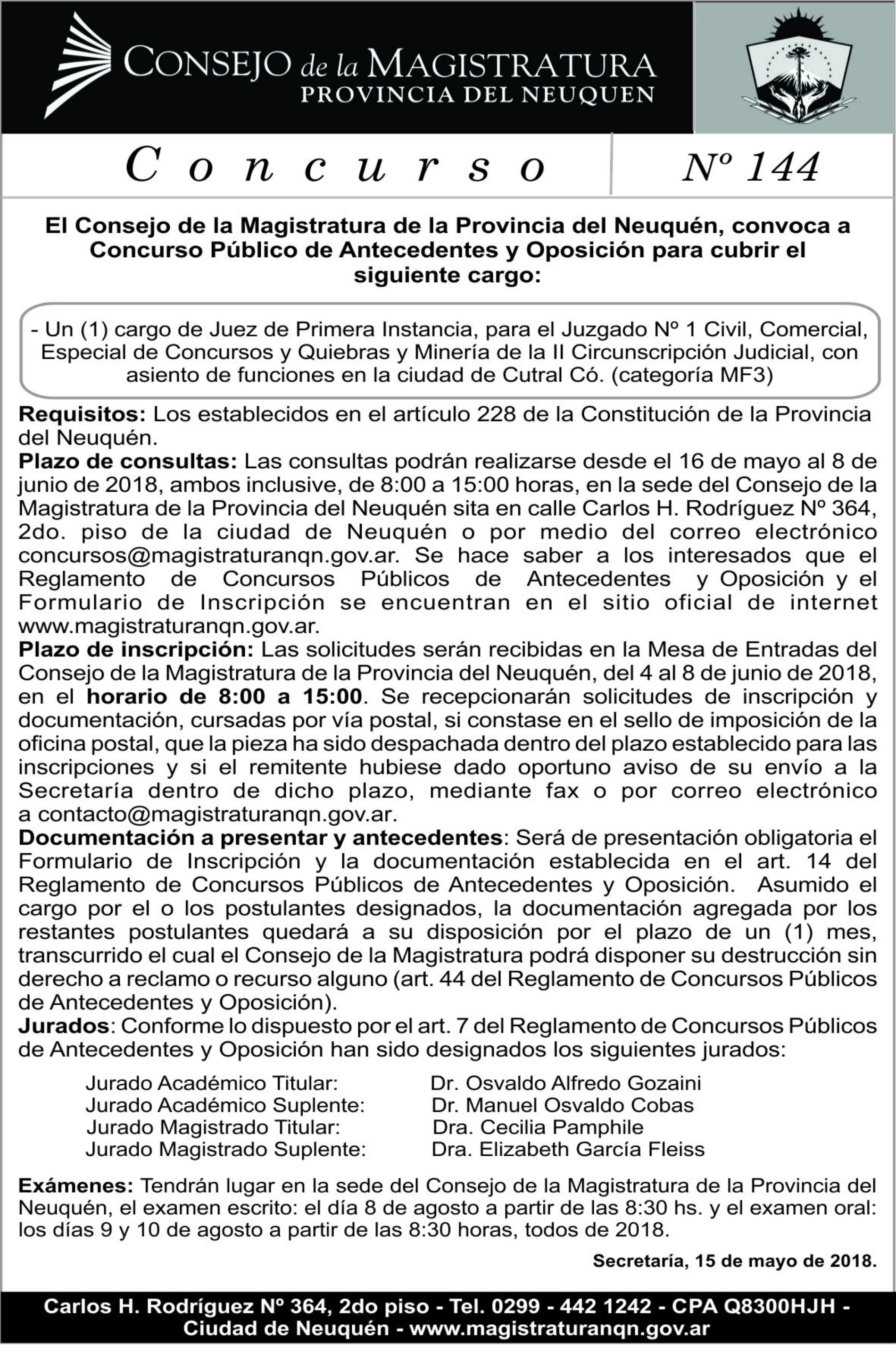 Convocatoria: «Consejo de la Magistratura de la Provincia de Neuquén».