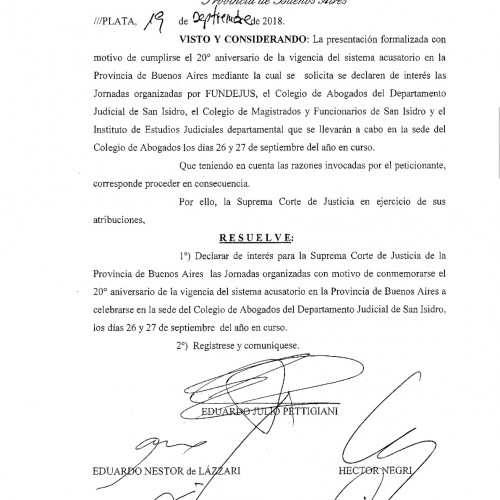 20° aniversario del C.P.P. Bs.As: declaración de interés de la Suprema Corte de Justicia de la Provincia de Buenos Aires.