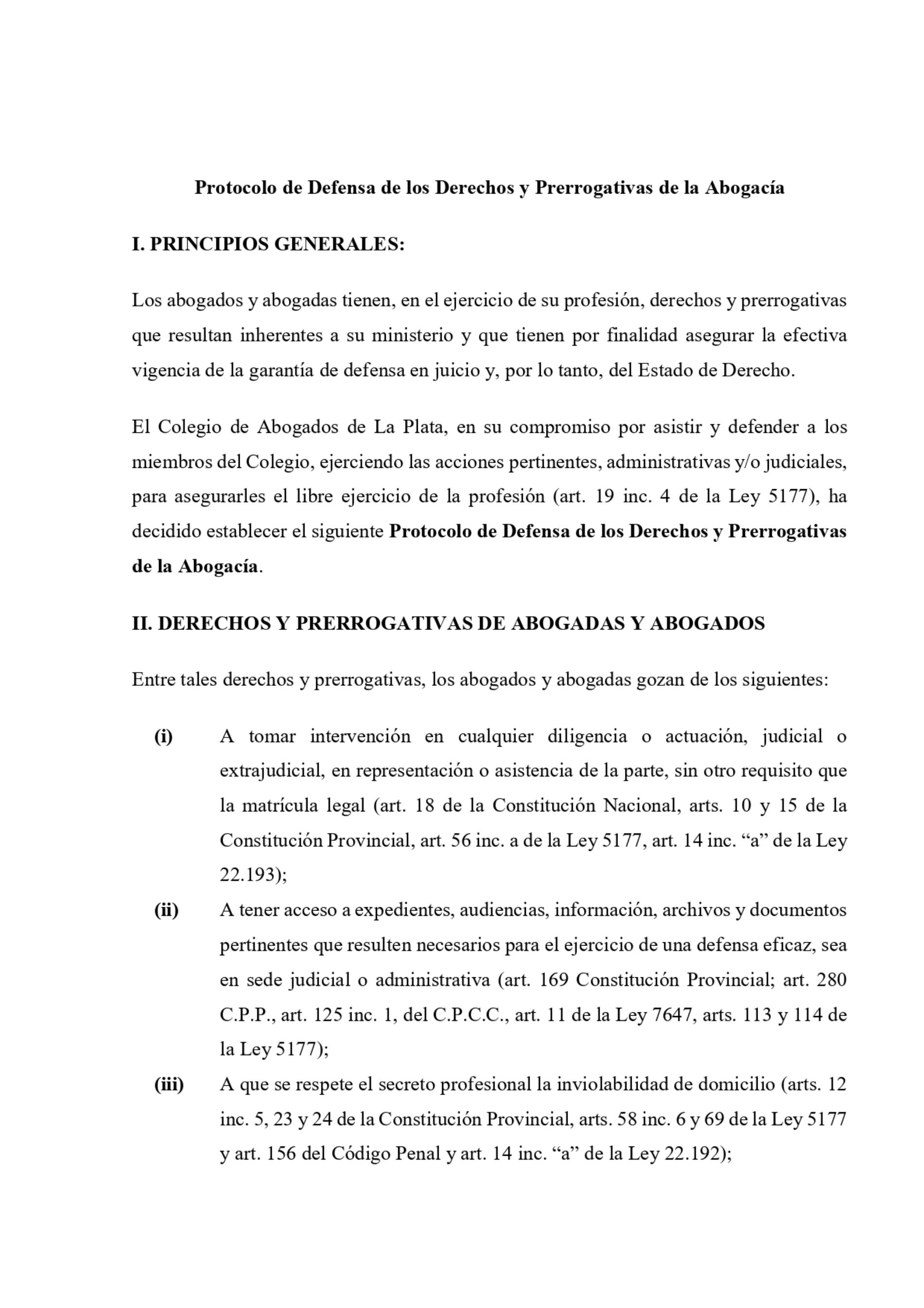 Colegio de Abogados de La Plata: » Protocolo de Defensa de los Derechos y Prerrogativas de la Abogacía «
