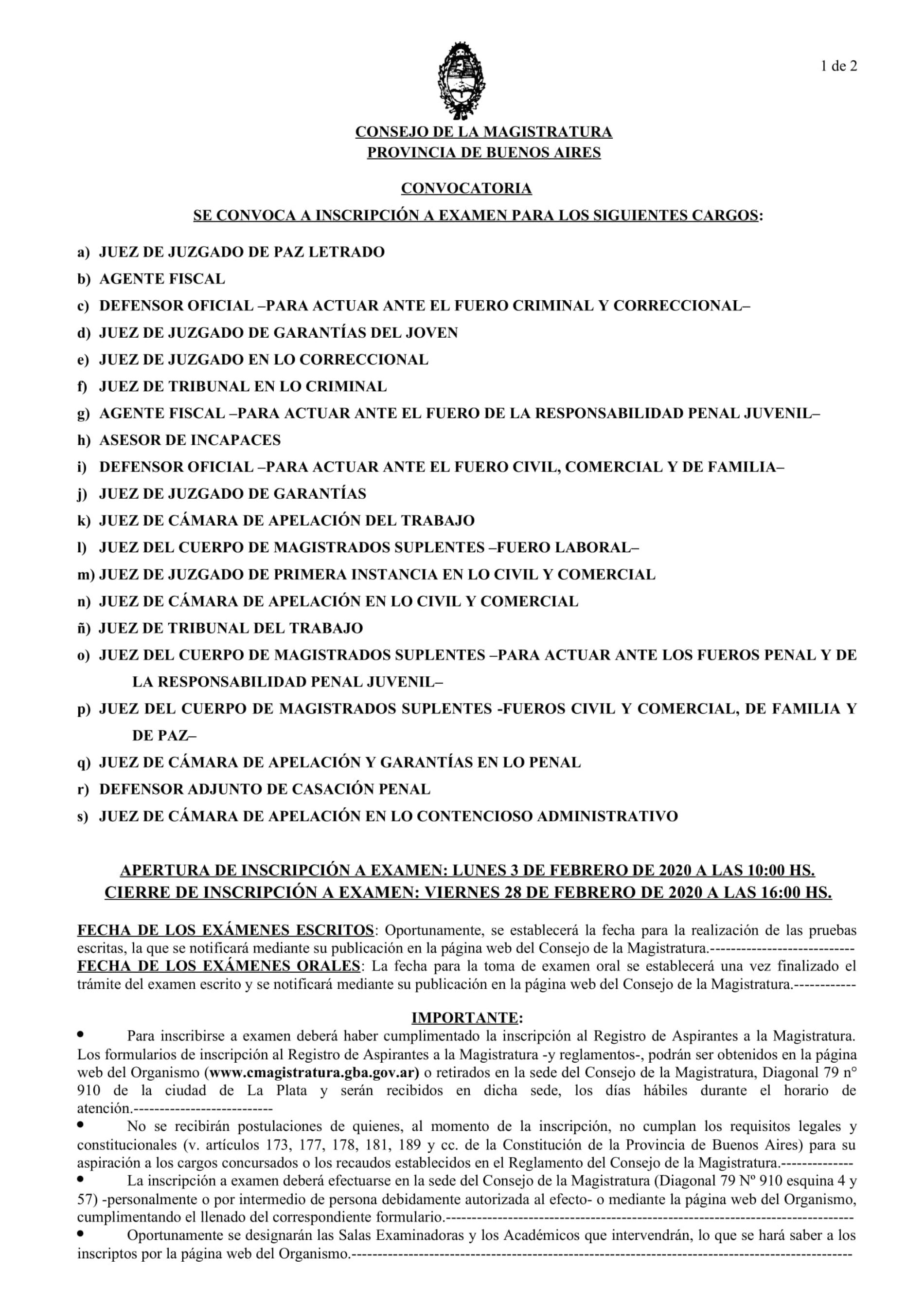 Consejo de la Magistratura de la Provincia de Buenos Aires. Convocatoria Nro. 1