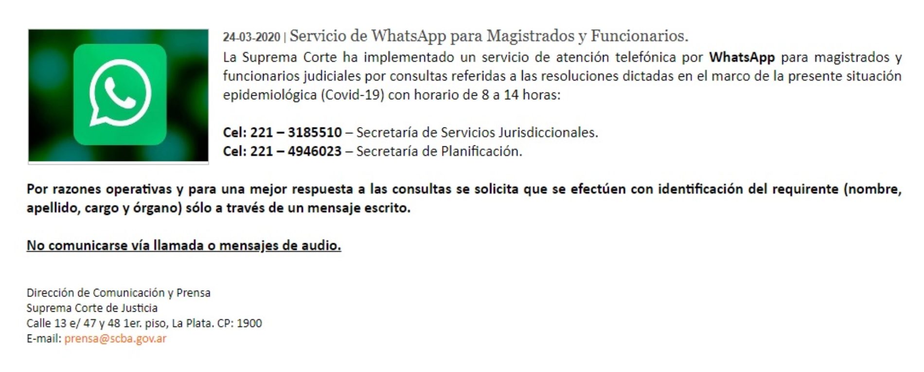 S.C.J.B.A – servicio de atención telefónica por WhatsApp para magistrados y funcionarios judiciales.