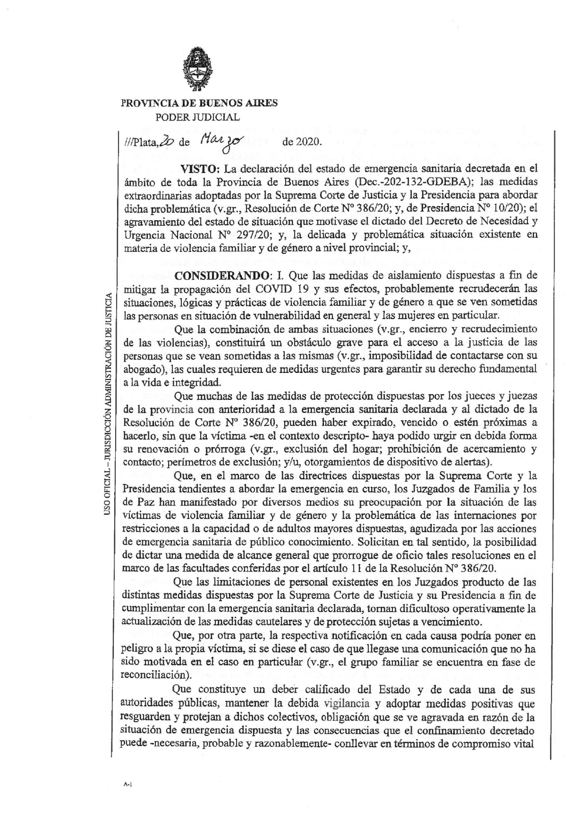 Resolución Nº 12/20 – Suprema Corte de Justicia de la Provincia de Buenos Aires.