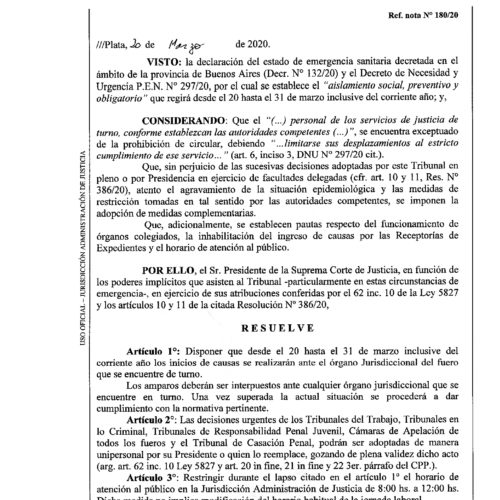 Resolución Nº 13/20 – Suprema Corte de Justicia de la Provincia de Buenos Aires.