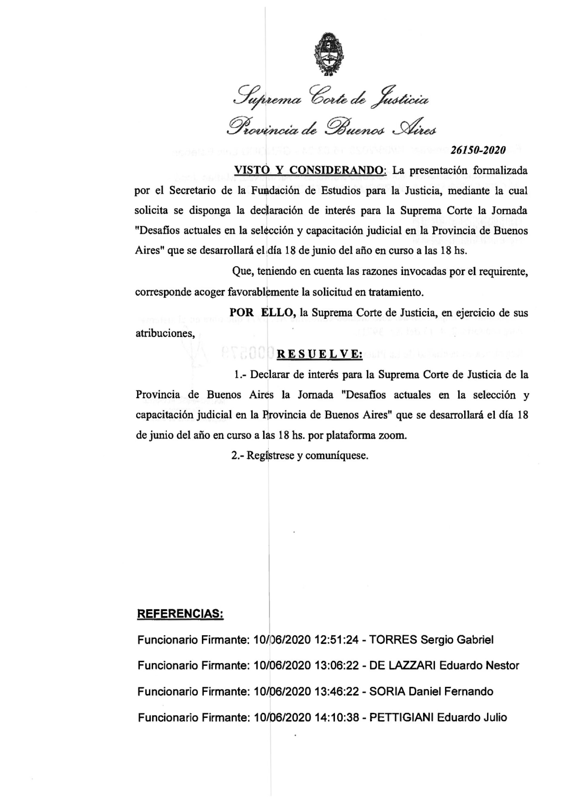 Declaración de interés de la S.C.J.B.A (Res. 579/20) – Jornada: «Desafíos actuales en la selección y capacitación judicial en la provincia de Buenos Aires».