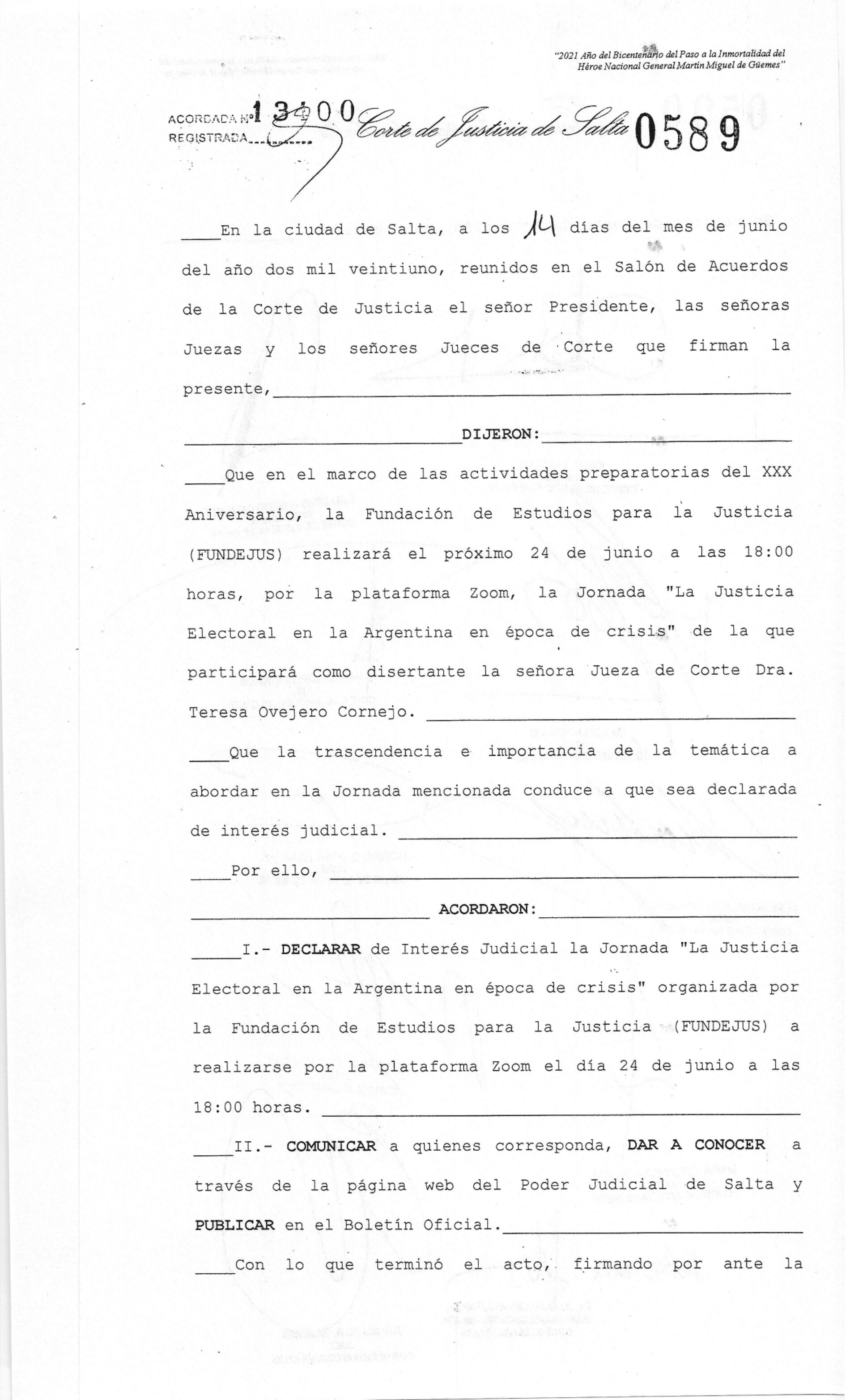 Declaración de interés – Corte de Justicia de Salta (Acordada 13400/21) – Actividad: «La Justicia Electoral en época de crisis»