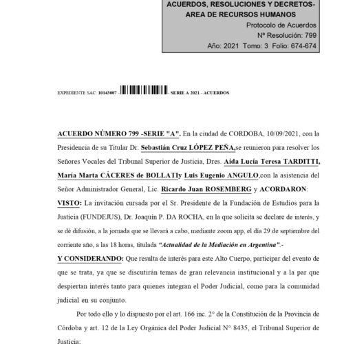 Declaración de interés: Tribunal Superior de Justicia de Córdoba (Ac. 799/2021).
