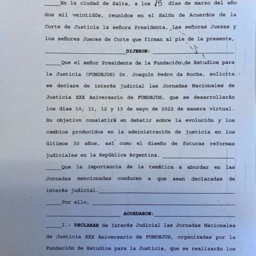 Declaración de interés: Corte de Justicia de Salta (Ac. 13610/22) sobre Jornadas Nacionales de Justicia XXX Aniversario de FUNDEJUS.