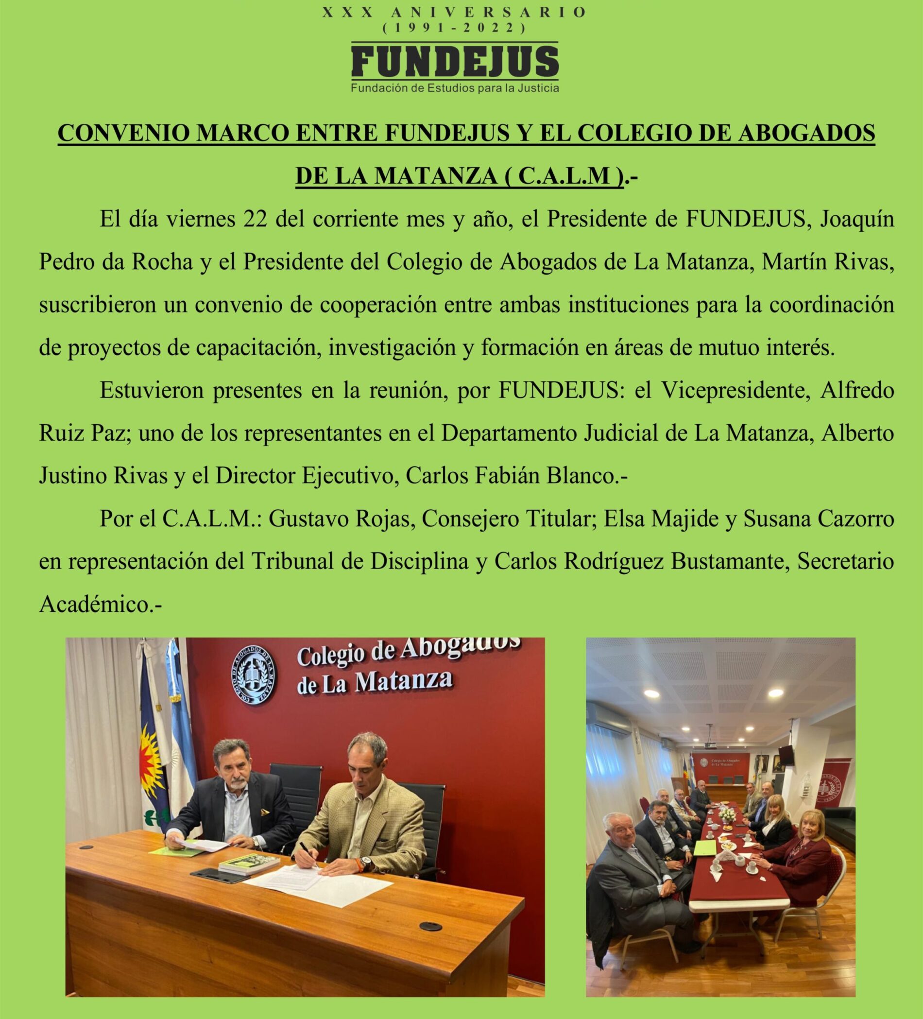 Firma de Convenio Marco entre FUNDEJUS y el Colegio de Abogados de La Matanza.