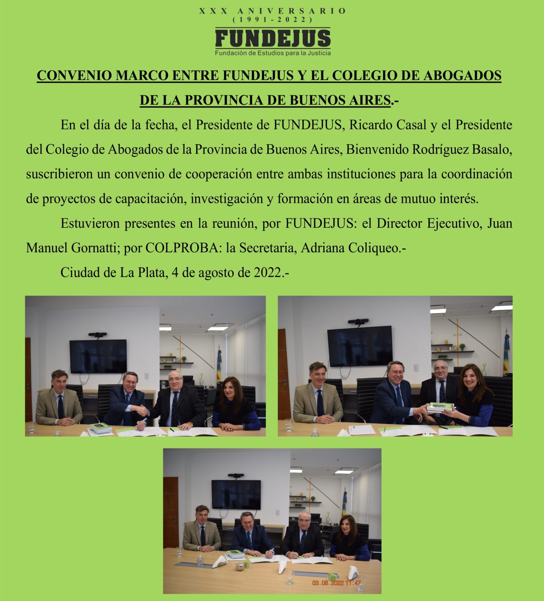 Firma de Convenio Marco entre FUNDEJUS y el  Colegio de Abogados de la Provincia de Buenos Aires (Col.Pro.B.A.)