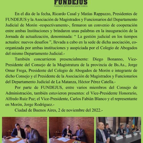 Firma de Convenio Marco entre FUNDEJUS y la Asociación de Magistrados y Funcionarios de Morón.
