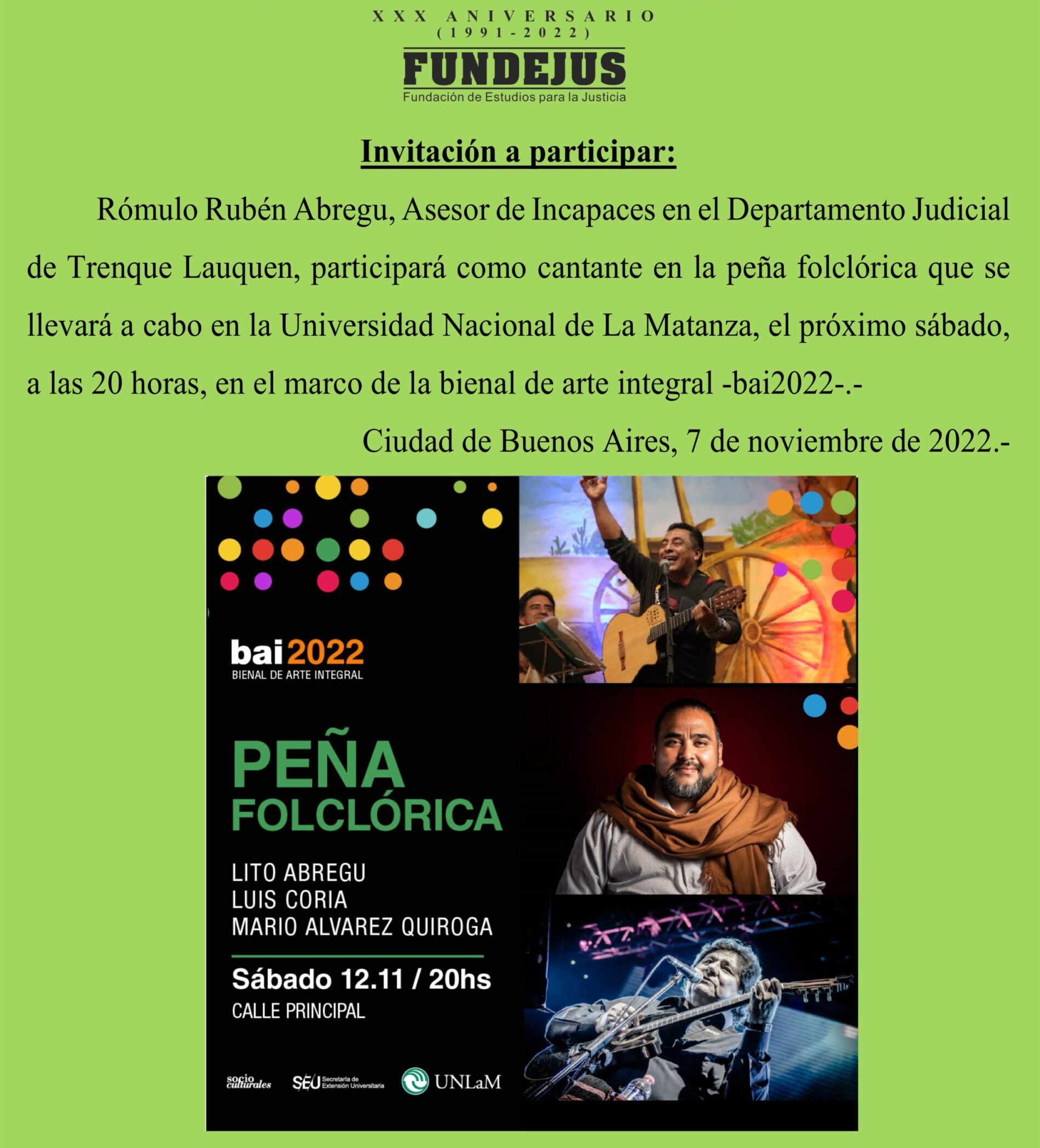 Peña folclórica en UNLaM – Participación de Rómulo Rubén Abregu (Asesor de Incapaces de Trenque Lauquen).