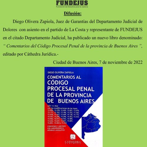Publicación del libro: «Comentarios del Código Procesal Penal de la provincia de Buenos Aires» – Autor: Diego Olivera Zapiola.-