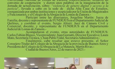 Firma de Convenio de Cooperación con la Facultad de Derecho de la Universidad de Lomas de Zamora, en el marco de la Jornada de actualización, sobre: «Violencia de Género digital y acceso a la justicia».