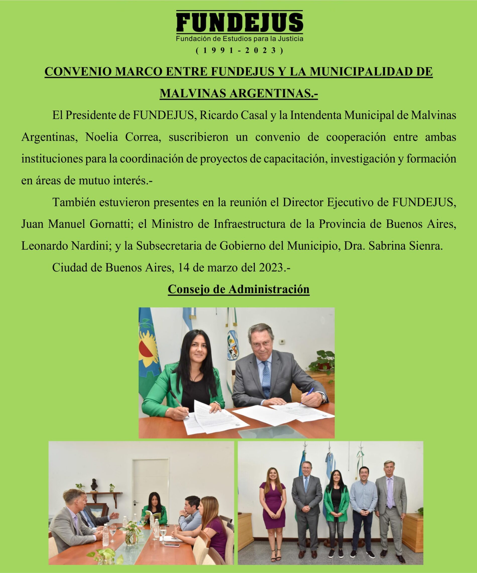 Firma de Convenio Marco entre FUNDEJUS y el Municipio de Malvinas Argentinas.
