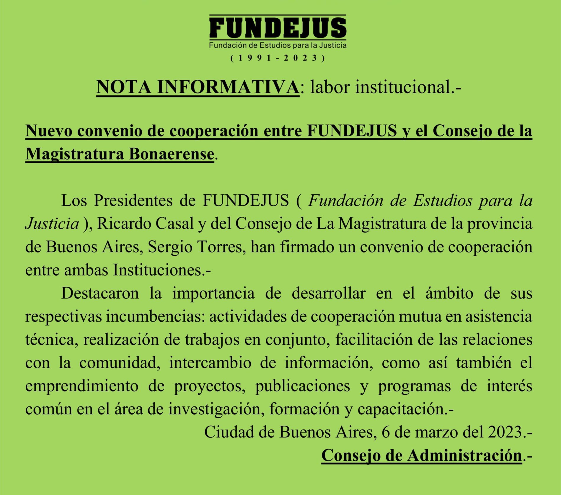 Nota informativa «Nuevo convenio de cooperación entre Fundejus y el Consejo de la Magistratura Bonaerense»