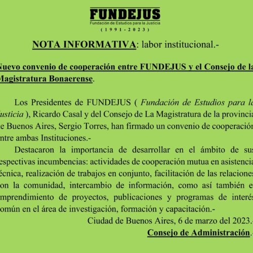 Nota informativa «Nuevo convenio de cooperación entre Fundejus y el Consejo de la Magistratura Bonaerense»