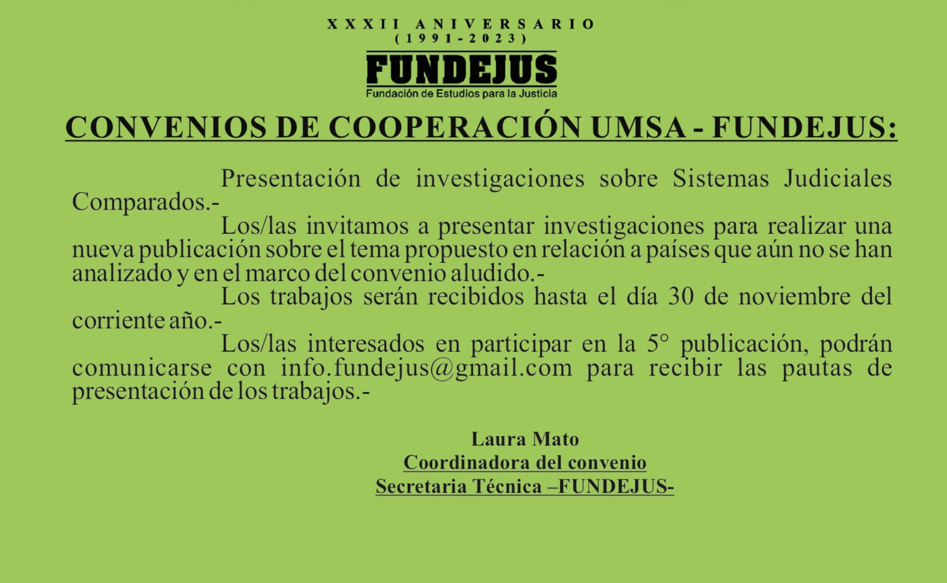 Convenio de Cooperación UMSA-FUNDEJUS Invitación a participar «Sistemas Judiciales V»