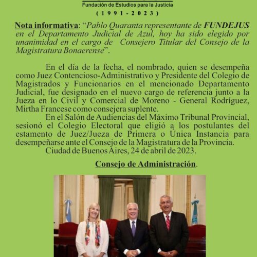Designación de Pablo Quaranta, representante de FUNDEJUS, como Consejero Titular del Consejo de la Magistratura Bonaerense