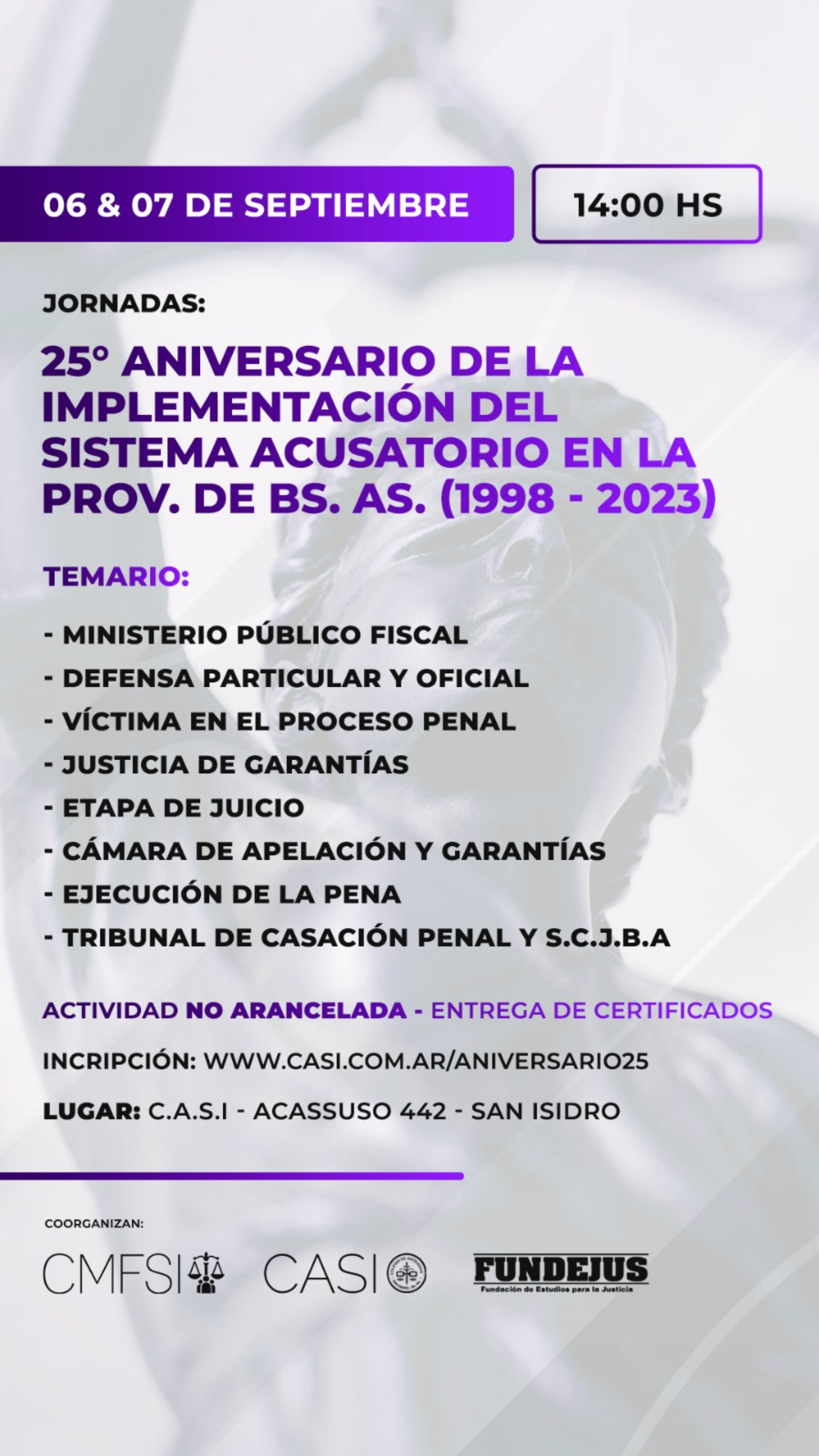 FUNDEJUS invita: Jornadas «25º Aniversario de la implementación del sistema acusatorio en la provincia de Buenos Aires». (1998-2023)