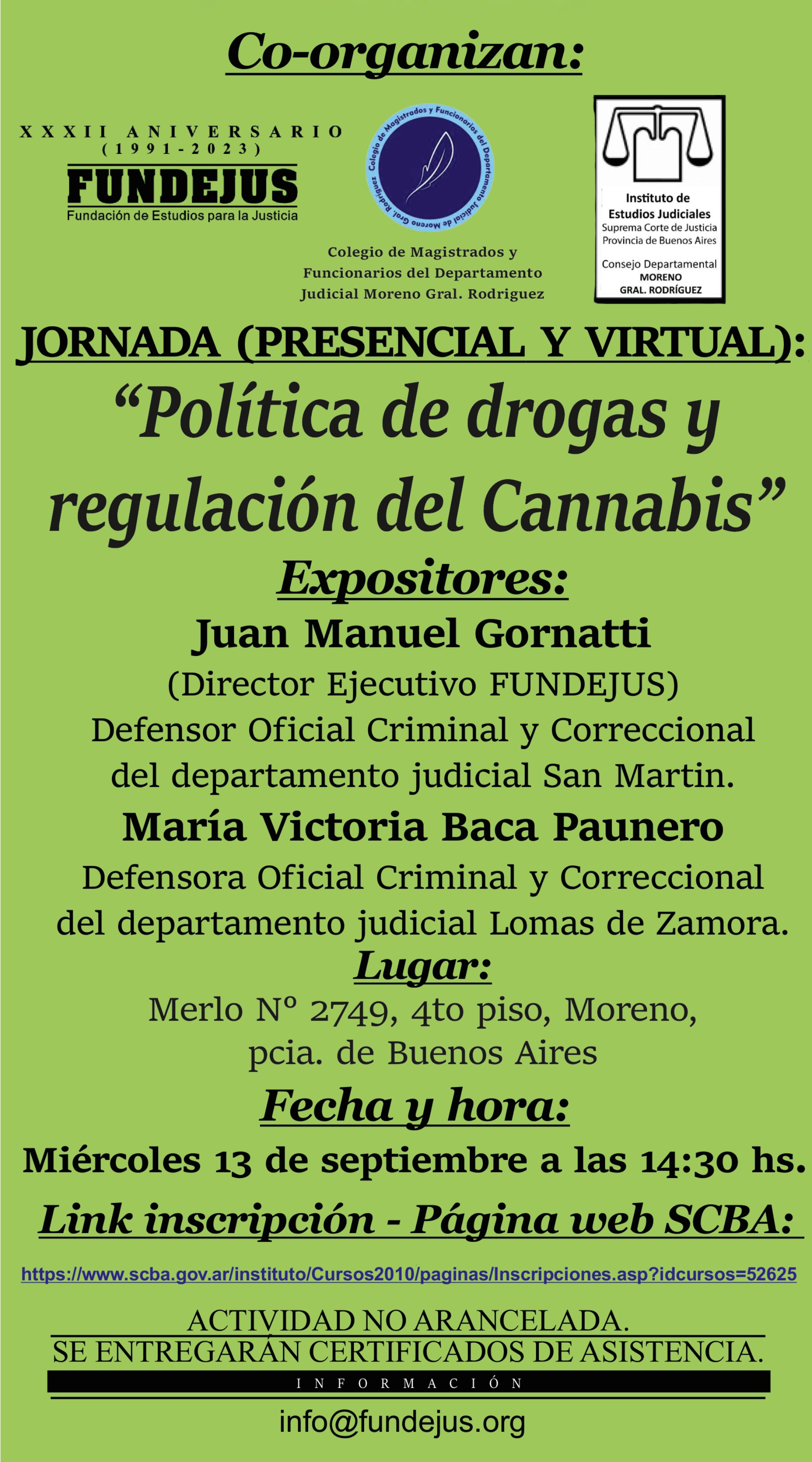 FUNDEJUS invita: Jornada «Política de drogas y regulación del Cannabis». Miércoles 13 de septiembre, 14:30hs.