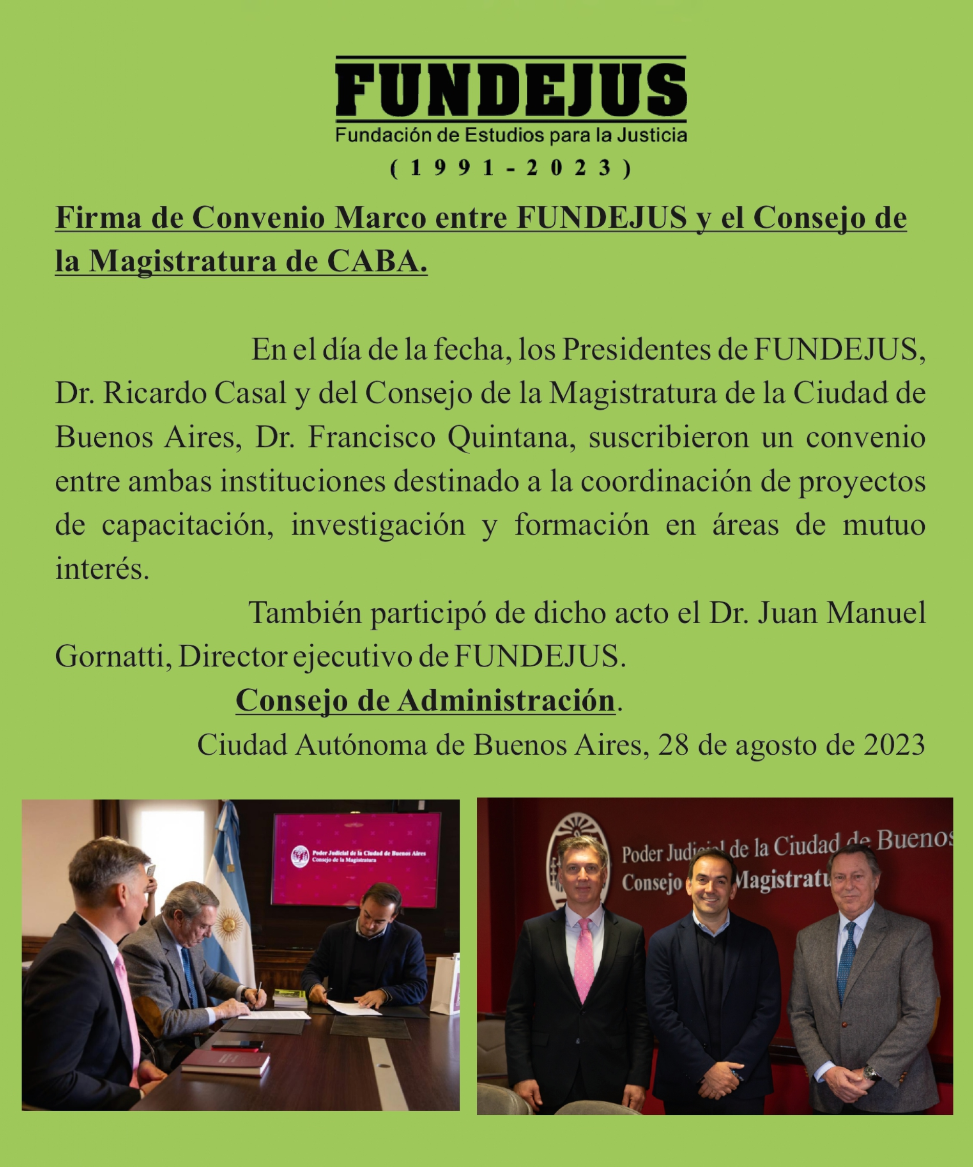FUNDEJUS difunde: Firma convenio FUNDEJUS y Consejo de la Magistratura de la Ciudad de Buenos Aires