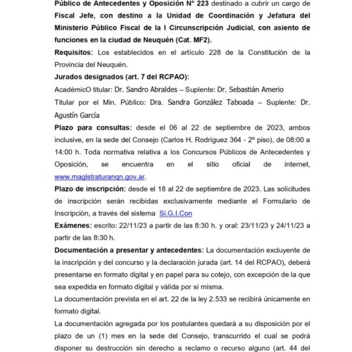 Fundejus difunde: Convocatoria a cubrir vacantes – Consejo de la Magistratura de la Provincia de Neuquén.