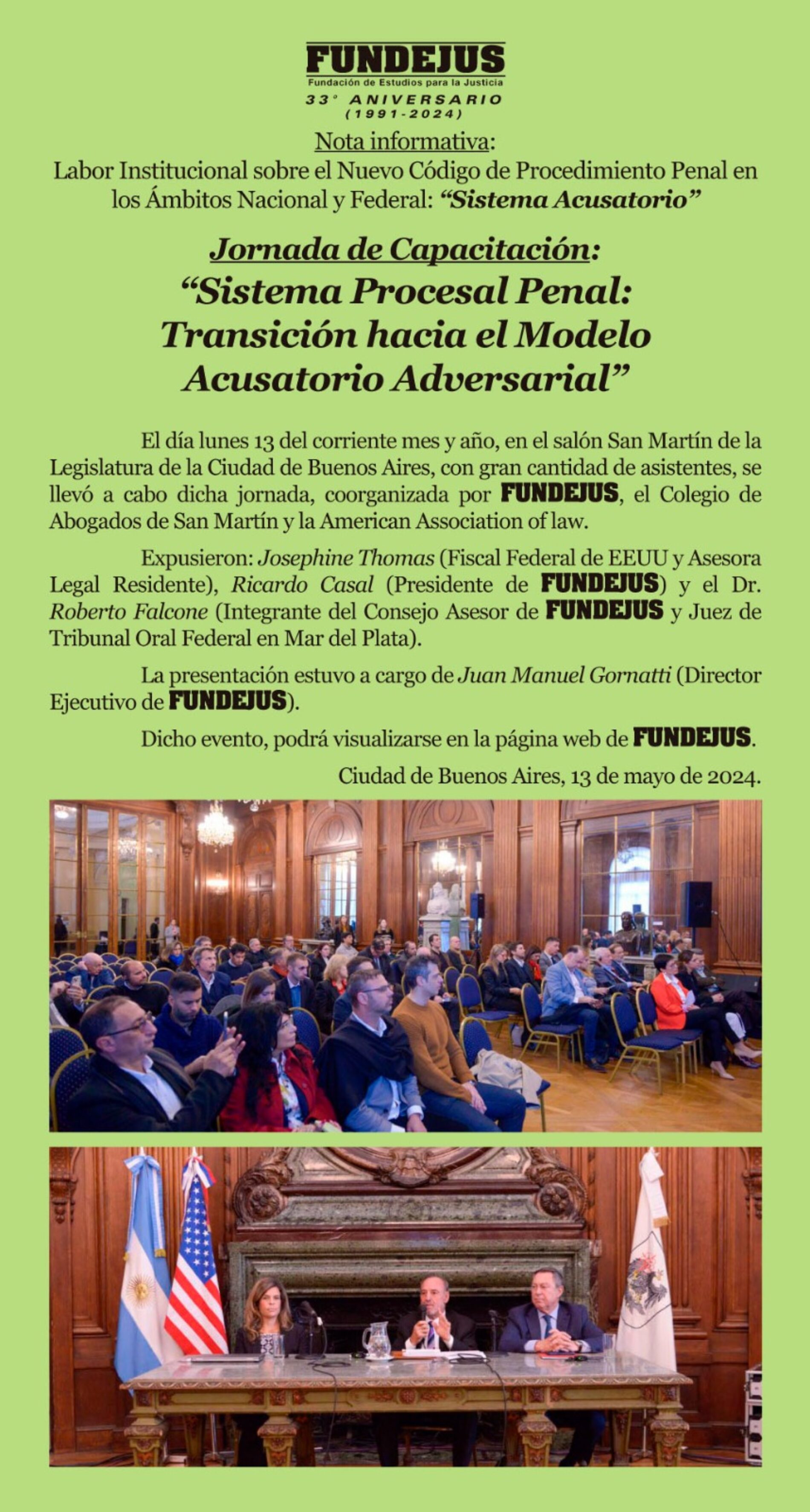 FUNDEJUS difunde: “Jornada de Capacitación. Sistema Procesal Penal: Transición hacia el Modelo Acusatorio Adversarial”