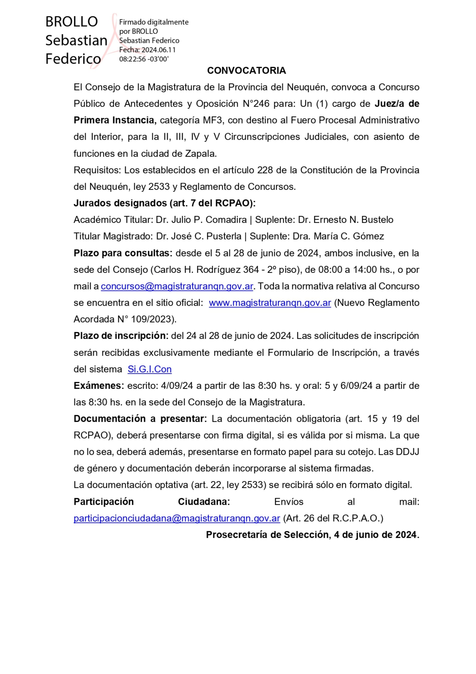 FUNDEJUS difunde: Concurso N°246 para: “Consejo de la Magistratura de la Provincia del Neuquén s/ llamado a Concurso Público.”