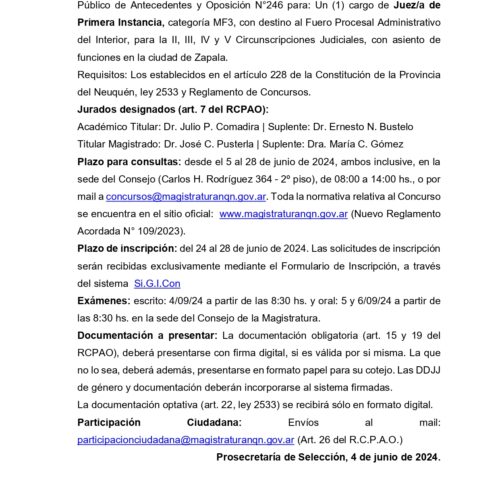 FUNDEJUS difunde: Concurso N°246 para: “Consejo de la Magistratura de la Provincia del Neuquén s/ llamado a Concurso Público.”