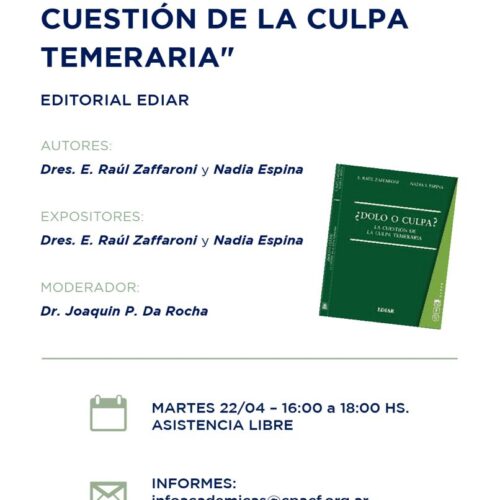 Presentación de libro: “¿Dolo o Culpa? La cuestión de la culpa temeraria”