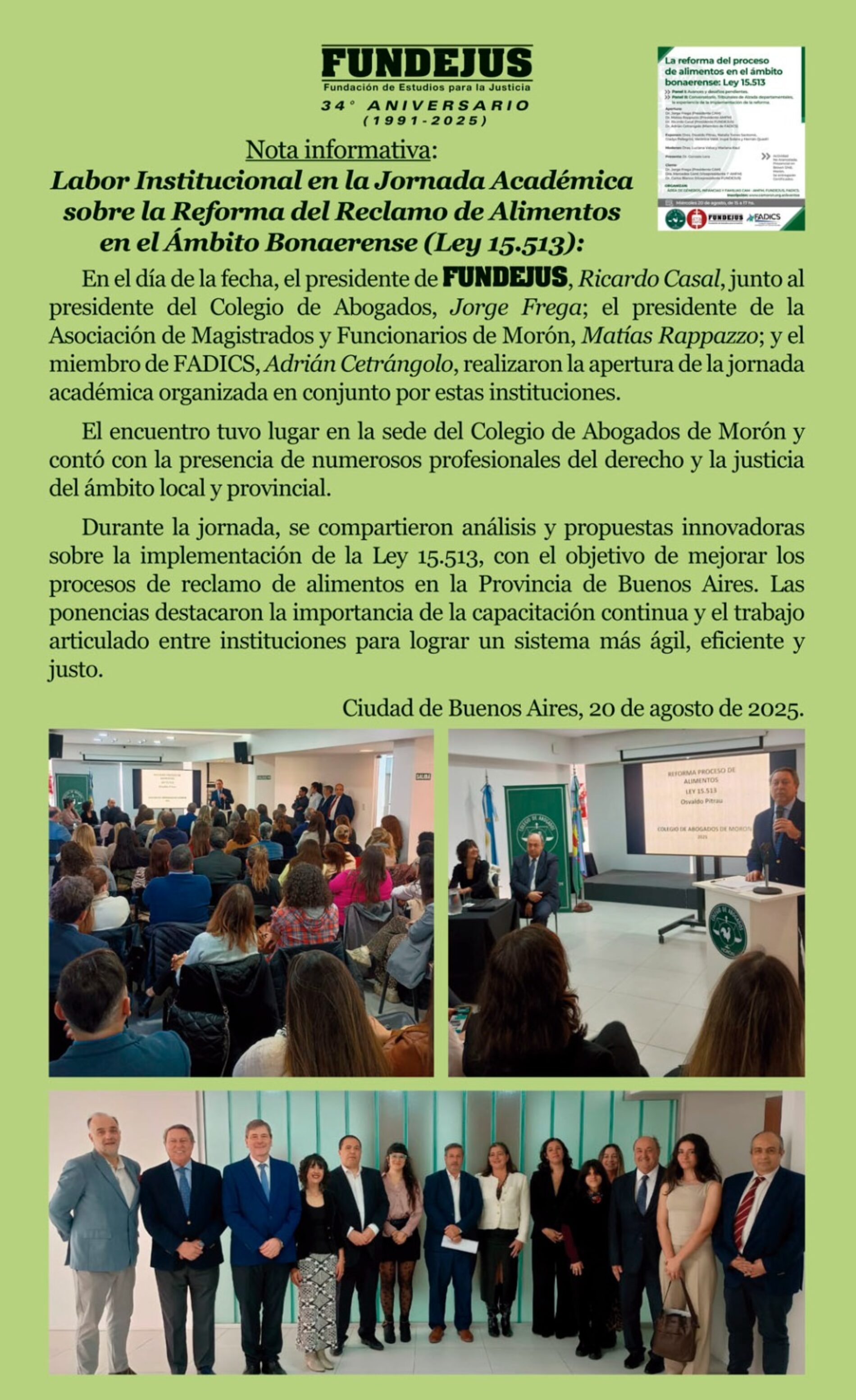 Labor Institucional en la Jornada Académica sobre la Reforma del Reclamo de Alimentos en el Ámbito Bonaerense (Ley 15.513)