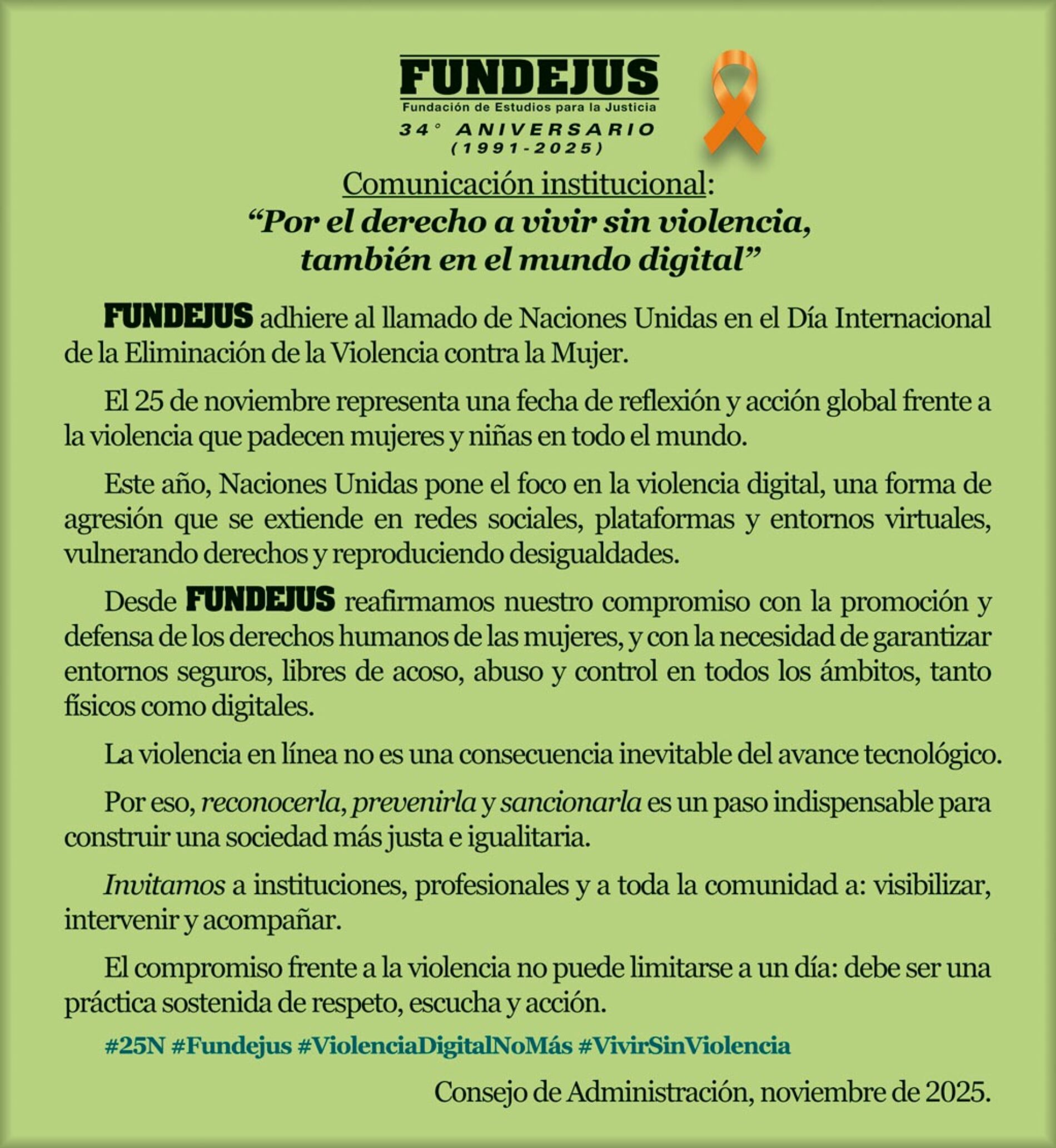 Comunicación institucional: “Por el derecho a vivir sin violencia, también en el mundo digital”