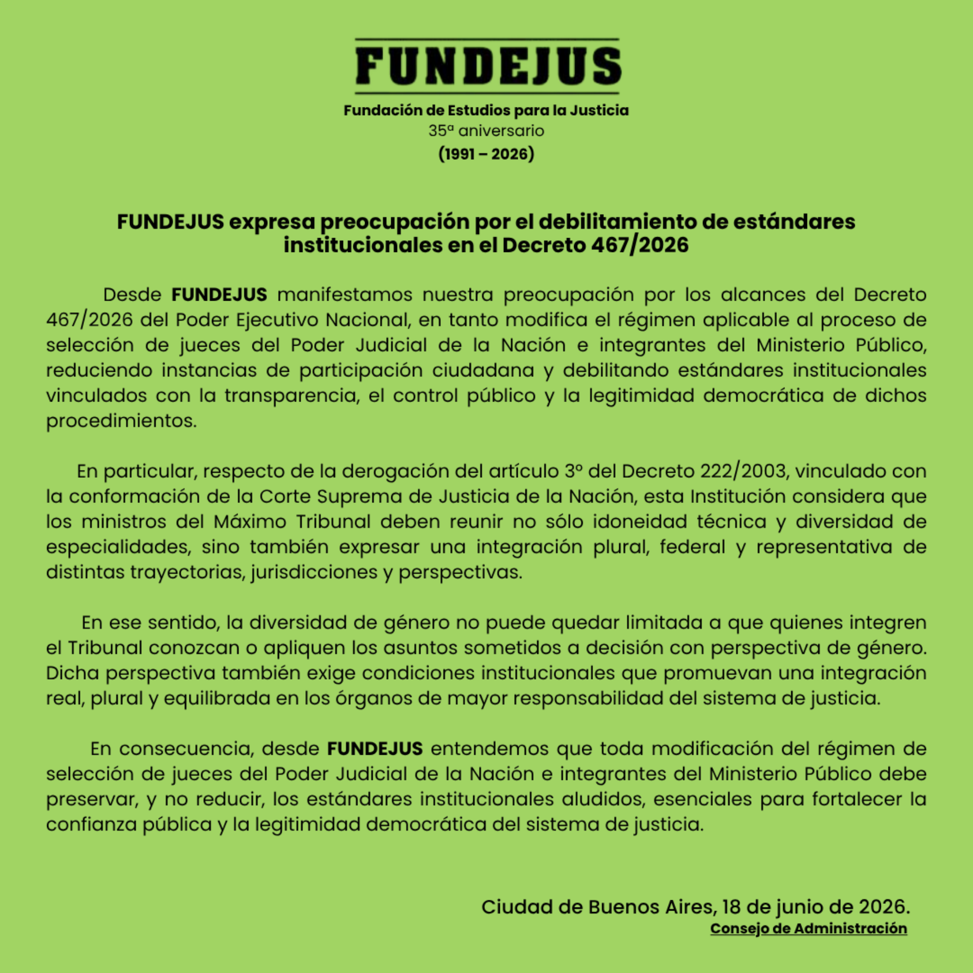 Preocupación por el debilitamiento de estándares institucionales en el Decreto 467/2026